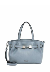 Světlomodrá kožená kabelka s dvěma držadly, odnímatelným ramenním popruhem a stříbrným detailem na přezce vpředu.