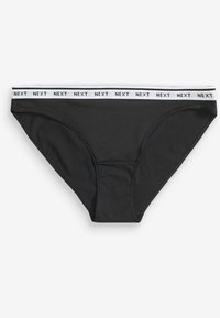 Culotte bikini noire avec une ceinture élastique blanche affichant le texte "NEXT" en noir de manière répétée.