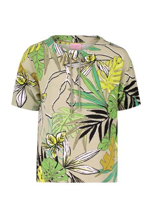 Korte mouwen, beige top met een levendig groen en zwart tropisch bladeren- en bloemenpatroon. Heeft een ronde halslijn en een trekkoorddetail.