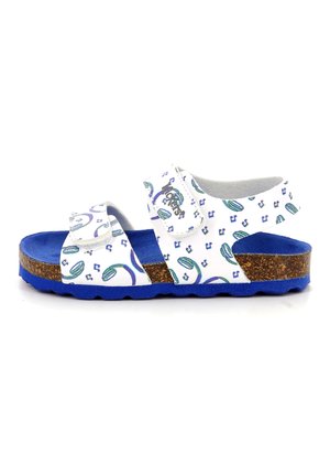 Sandalias blancas con acentos azules, que presentan un diseño estampado de elementos verdes y azules. Suela de tipo corcho para mayor comodidad y agarre.