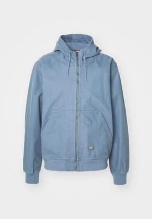 Blue hooded jacket made of cotton blend with a front zipper, two side pockets, ribbed cuffs, and a small logo near the hem.