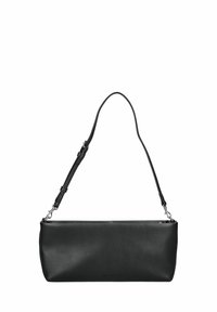 Borsa a mano in pelle nera con forma rettangolare, una sola tracolla regolabile e design senza cuciture. Presenta dettagli in metallo argentato.