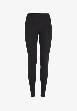 Melnas legingi no stiepjama materiāla ar gludu tekstūru, ar elastīgu jostu un slaidu piegriezumu.