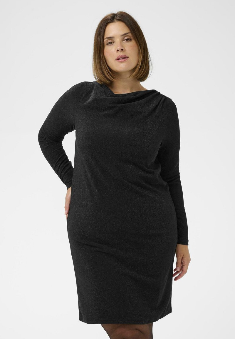 Schwarzes langärmeliges Kleid mit drapiertem Ausschnitt, aus einem strukturierten Stoff mit subtiler Schimmerung, taillierter Silhouette und knielangem Design.