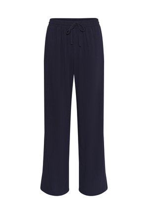 Pantalons large couleur bleu marine en tissu léger avec waistband élastique et cordon de serrage ajustable. Texture lisse, sans motifs visibles.
