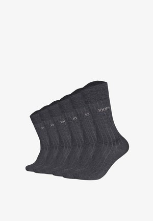 Sechs Paar dunkelgraue, gerippte Knöchelsocken mit "JOOP!"-Logo nahe dem oberen Rand, nebeneinander auf weißem Hintergrund angeordnet.