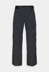 Calças cargo cinza-escuras, feitas de um material durável, com dois bolsos laterais, detalhes reforçados em preto na bainha e uma cintura com fecho de botão.