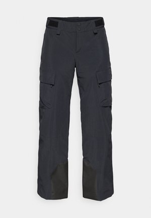 Dunkelgraue Cargo-Hosen aus strapazierfähigem Material, mit zwei Seitentaschen, verstärkten schwarzen Akzenten am Saum und einem knopfartigen Bund.