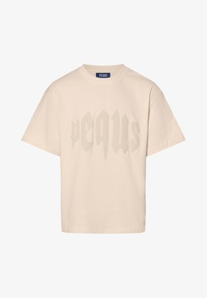 Beige lyhythihainen t-paita, jossa suuri, tyylitelty "pequs"-teksti rinnassa ja pyöreä pääntie.