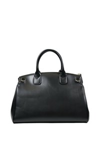 Black leather handbag with rounded handles, a structured shape, smooth texture, and a zip closure. Features metal hardware accents.