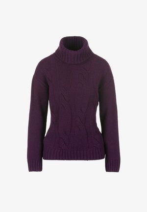 Pull à col roulé violet avec motif en maille torsadée, poignets et ourlet côtelés. Fabriqué en tissu tricoté épais, offrant une apparence texturée.