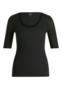 Top corto nero a maniche corte con texture a costine e scollo rotondo. Il materiale ha una leggera lucentezza, aggiungendo un sottile interesse visivo.