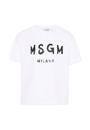 Maglietta bianca a maniche corte con la scritta nera in grassetto "MSGM" e il testo più piccolo "MILANO" stampati sulla parte anteriore.