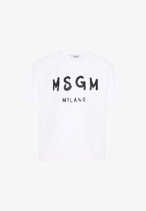 T-shirt blanc à manches courtes avec l'inscription "MSGM" en noir gras et le texte plus petit "MILANO" imprimé sur le devant.