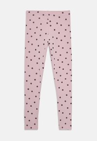 Leggings rosa con pois viola scuri distribuiti in modo casuale, slim fit con vita cucita e orli alla caviglia.