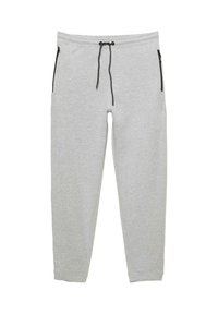 Svetlosivé jogger nohavice vyrobené z mäkkej látky, s elastickým pásom na šnúrku, postrannými zipsovými vreckami a zúženým strihom na nohaviciach.