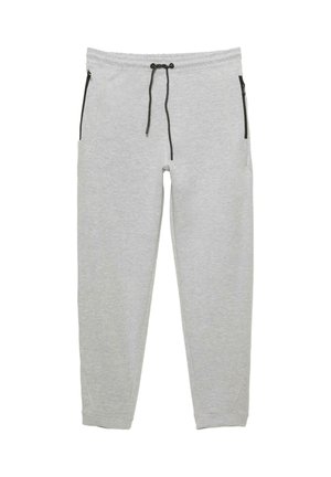 Svetlo sivi jogger hlače iz mehkega materiala, ki vključujejo elastičen pas z vrvico, stranske žepke z zadrgo in obliko nog, ki se na koncu zoži.