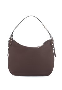 Borsa hobo in pelle marrone con forma curva, superficie texturizzata e una sola tracolla. Presenta cuciture tono su tono e dettagli in metallo.