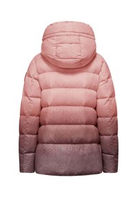 Giacca a vento in gradiente rosa, con cappuccio, design trapuntato con texture in rilievo e polsini elastici. Finitura liscia sul tessuto.