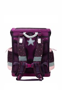 Zaino viola con design a stelle, spallacci in rete e retro imbottito. Presenta accenti rosa, bande riflettenti e tasche laterali per lo stoccaggio.