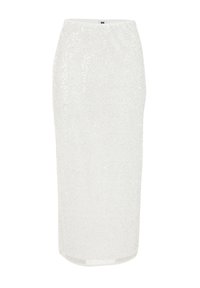 Vit paljetterad pennkjol med en mjuk textur, som har en figursydd design och en subtil glans. Slutärmarna slutar strax under knäet.