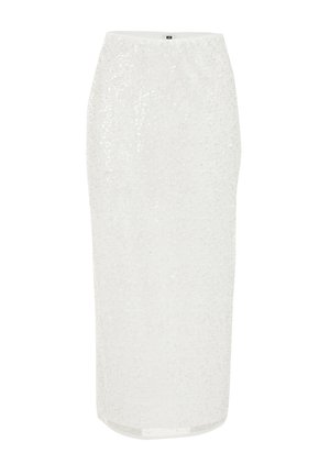 Biała ołówkowa spódnica z cekinami o gładkiej fakturze, charakteryzująca się dopasowanym krojem i subtelnym blaskiem. Długość do kolan.