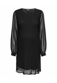 Črna obleka z naborki, dolgimi prozornimi rokavi in okroglim izrezom. Narejena iz lahkega tkanine z gladko teksturo.