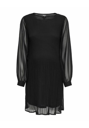 Czarna sukienka z plisowanym wzorem, długimi przezroczystymi rękawami i okrągłym dekoltem. Wykonana z lekkiego materiału o gładkiej fakturze.