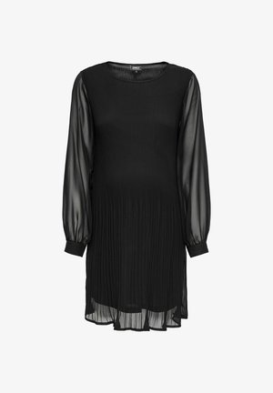 Črna obleka z naborki, dolgimi prozornimi rokavi in okroglim izrezom. Narejena iz lahkega tkanine z gladko teksturo.