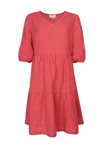 Korallenfarbenes Leinenkleid mit V-Ausschnitt, Puffärmeln und gestuften Rock. Verfügt über Spitze am Ausschnitt und Saum für zusätzliche Details.