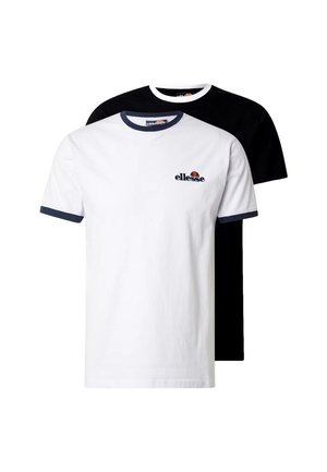 Dos camisetas de cuello redondo, una blanca con ribete azul marino y logo de ellesse, otra negra lisa, mostradas superpuestas sobre un fondo blanco.