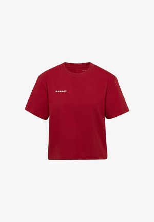 T-shirt rossa corta a maniche corte con scollo rotondo e piccolo logo bianco "Mammut" sul petto a sinistra.