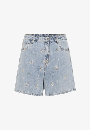 Denim shorts in light blue with floral embroidery. Features a classic five-pocket design and a zipper fly, with a straight cut and frayed hem.