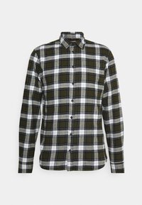 Zeleno-bílá kostkovaná košile na knoflíky. Vyrobena z měkké tkaniny, s dlouhými rukávy, límečkem a šesti předními knoflíky.