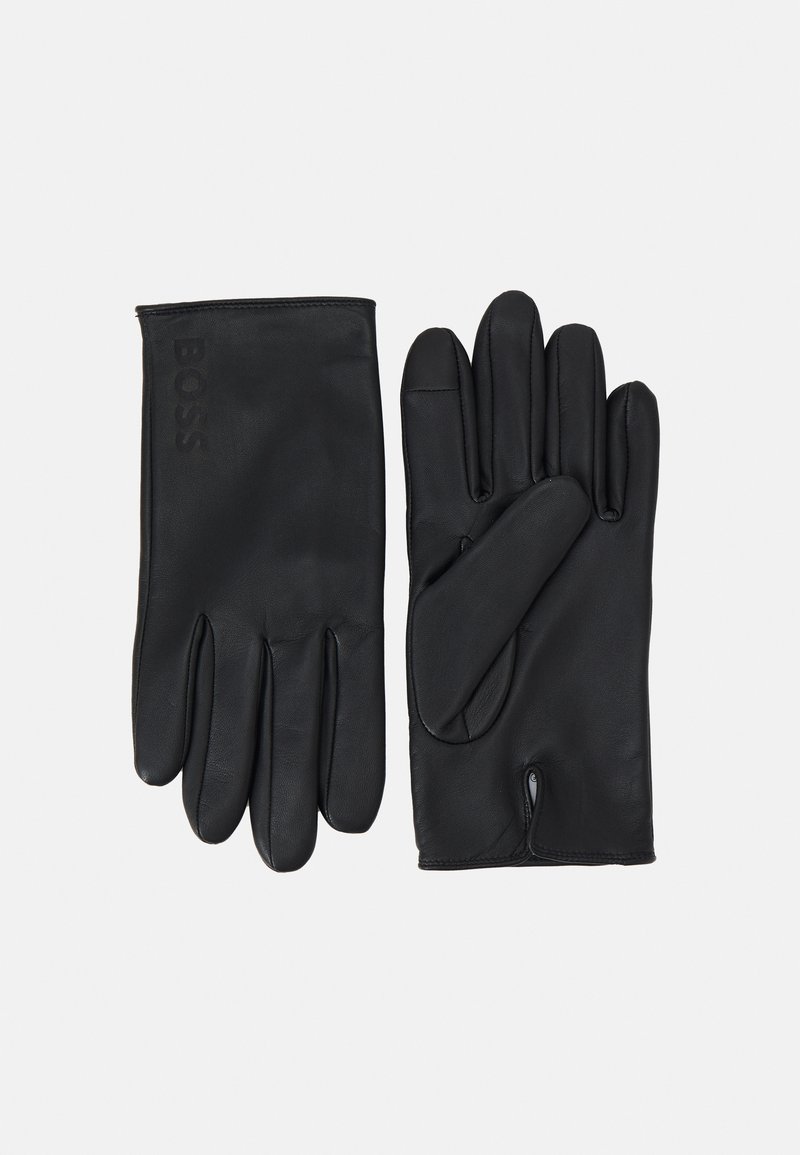 Schwarze Lederhandschuhe mit passgenauer Form, die eine glatte Textur und eine kleine Öffnung am Handgelenk aufweisen. Das "BOSS"-Logo ist seitlich eingeprägt.