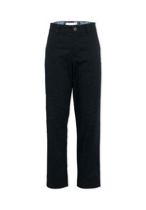 Pantalon noir droit avec fermeture par bouton et passants de ceinture, avec un détail intérieur de la ceinture à motif.