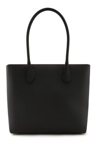 Sac fourre-tout noir avec une surface en cuir texturé, forme rectangulaire haute, deux longues poignées et de petites accents dorés à la base.