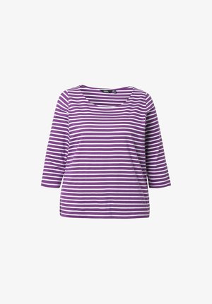 Top a maniche lunghe a righe viola e bianche con scollo rotondo. Realizzato in materiale morbido, con maniche a tre quarti e vestibilità morbida.