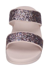 Glittery slide sandals with two wide, textured straps in multicolored glitter, featuring a light pink cushioned sole.