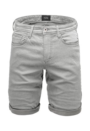 Gray denim shorts with rolled cuffs, five pockets, and a button closure. Features a label "Humy" on the waistband. Smooth texture.