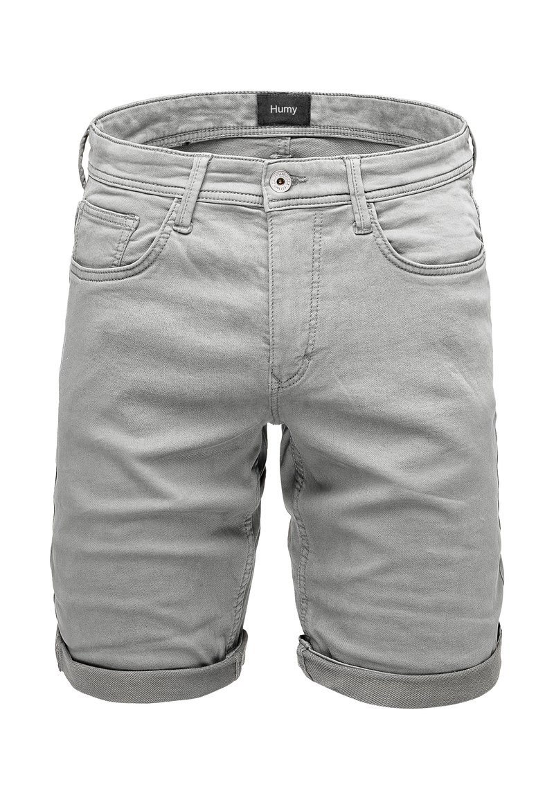 Graue Jeanskurze mit umgeschlagenen Säumen, fünf Taschen und einem Knopfverschluss. Verfügt über ein Etikett "Humy" am Bund. Glatte Textur.