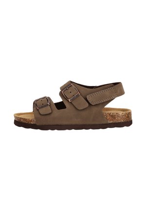 Braune Wildledersandalen mit zwei verstellbaren Schnallen, einem Kork-gepolsterten Fußbett und einer strukturierten Gummisohle. Offenes Design für Atmungsaktivität.
