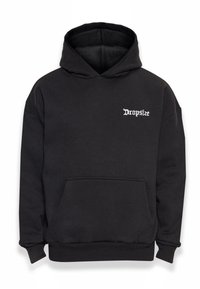 Schwarzer Baumwoll-Hoodie mit einer Fronttasche, einer Kapuze mit Kordelzug und weißem Text "Dropsize" auf der Brust. Mit gerippten Bündchen und Säumen.