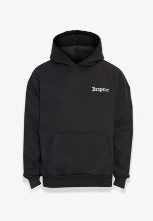 Felpa nera in cotone con tasca frontale, cappuccio con coulisse e testo bianco "Dropsize" sul petto. Presenta polsini e orlo a costine.