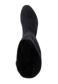Black suede knee-high boot with a rounded toe, smooth texture, and a slouchy design, featuring a soft inner lining and minimal accents.