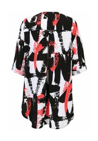 Luftige Bluse mit einem auffälligen abstrakten Muster in Schwarz, Weiß und Rot. Kurze Ärmel, abgerundeter Saum und Knopfdetail auf der Rückseite.