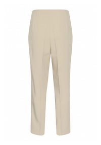Pantalons beige ajustés avec une texture lisse, coupe droite et plis à l'avant. Comprend deux poches latérales et un ourlet soigné.