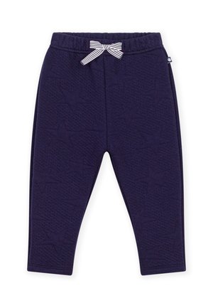 Marineblaue gesteppte Babyhose mit Sternenmuster, elastischem Bund und weiß gestreifter Fliege vorne in der Mitte.