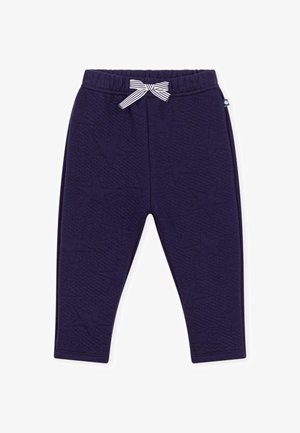 Marineblaue gesteppte Babyhose mit Sternenmuster, elastischem Bund und weiß gestreifter Fliege vorne in der Mitte.