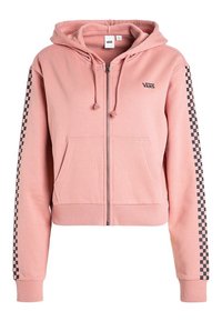 Rosa Kapuzenpullover zum Reißverschluss, hergestellt aus weichem Stoff, mit einer Fronttasche, verstellbaren Kordeln und Schachbrettmuster-Akzenten an den Ärmeln.